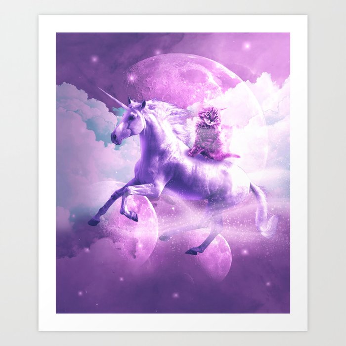 Kitty Cat Riding On Flying Space Galaxy Unicorn Art Print