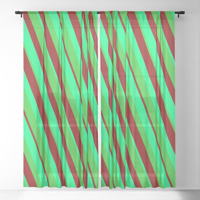 Green, Lime Green & Dark Red Colored Stripes/Lines Pattern Sheer Curtain