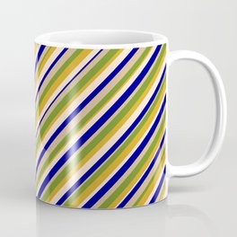 [ Thumbnail: Vibrant Dark Blue, Tan, Green, Goldenrod & Bisque Colored Striped Pattern Coffee Mug ]