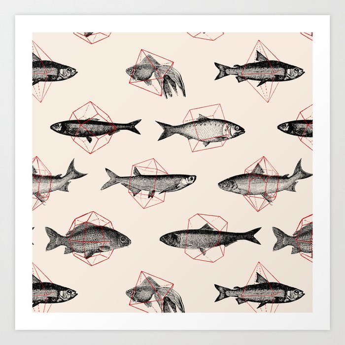 Fishes In Geometrics (Red) Art Print