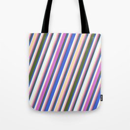 [ Thumbnail: Orchid, Dark Olive Green, Royal Blue, Mint Cream, and Tan Colored Stripes Pattern Tote Bag ]