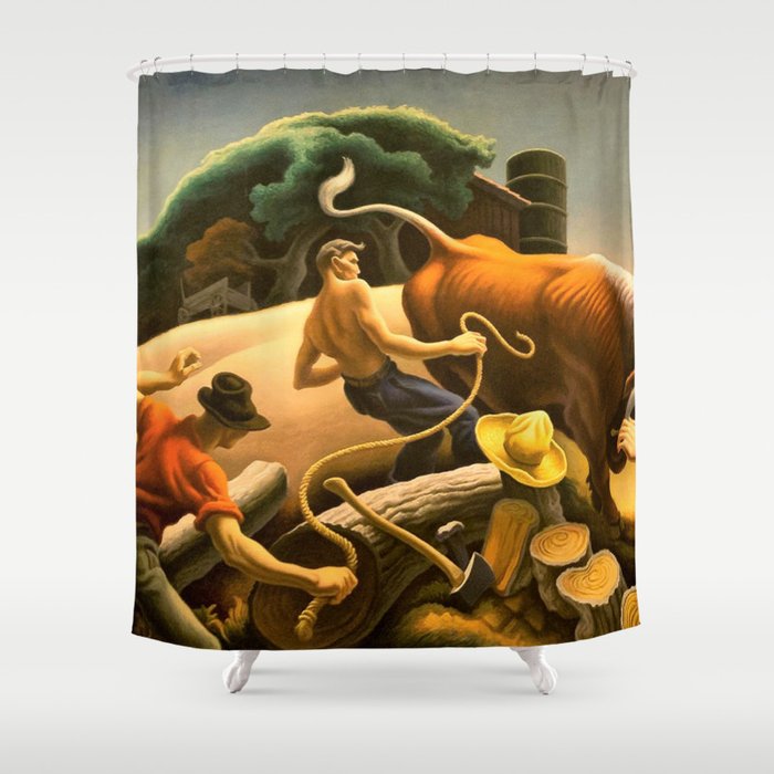 Take the Bull by the Horns, Achelous and Hercules Mural Panel 2 landscape painting by Thomas Hart Benton Shower Curtain