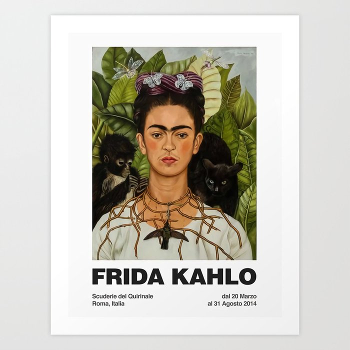 Frida Kahlo Exhibition Poster Frida Kahlo Self Portrait with Thorn Necklace and Hummingbird Roma Art Print