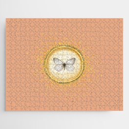 Hand-Drawn Butterfly Gold Circle Pendant on Pastel Orange Jigsaw Puzzle