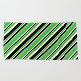 [ Thumbnail: Dark Grey, Lime Green, Light Yellow, and Black Colored Pattern of Stripes Beach Towel ]