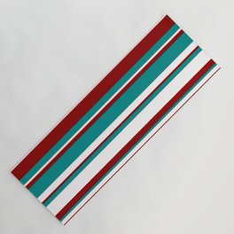 [ Thumbnail: Dark Red, Dark Cyan, and White Colored Striped Pattern Yoga Mat ]