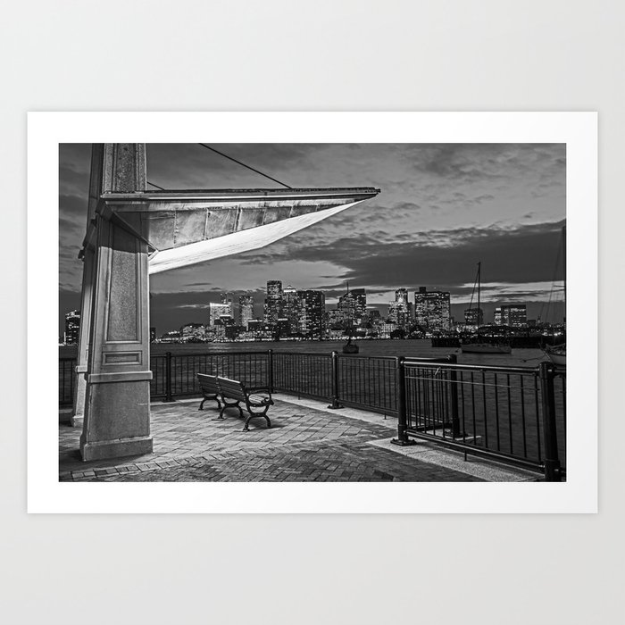The Boston Skyline from Piers Park East Boston MA at Sunset Black and White Art Print