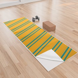 [ Thumbnail: Orange and Dark Cyan Colored Striped/Lined Pattern Yoga Towel ]