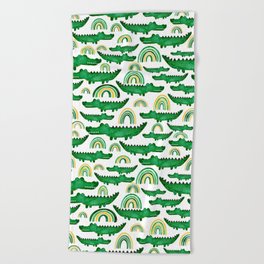 Watercolor Alligator Rainbows Beach Towel