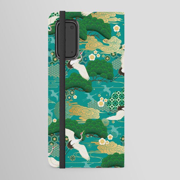 Japanese Flying Crane Aqua Mint Forest Pattern Android Wallet Case