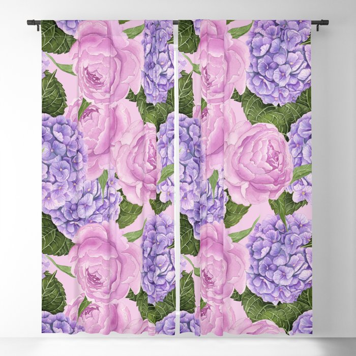 Violet Hydrangea and pink peony watercolor Blackout Curtain