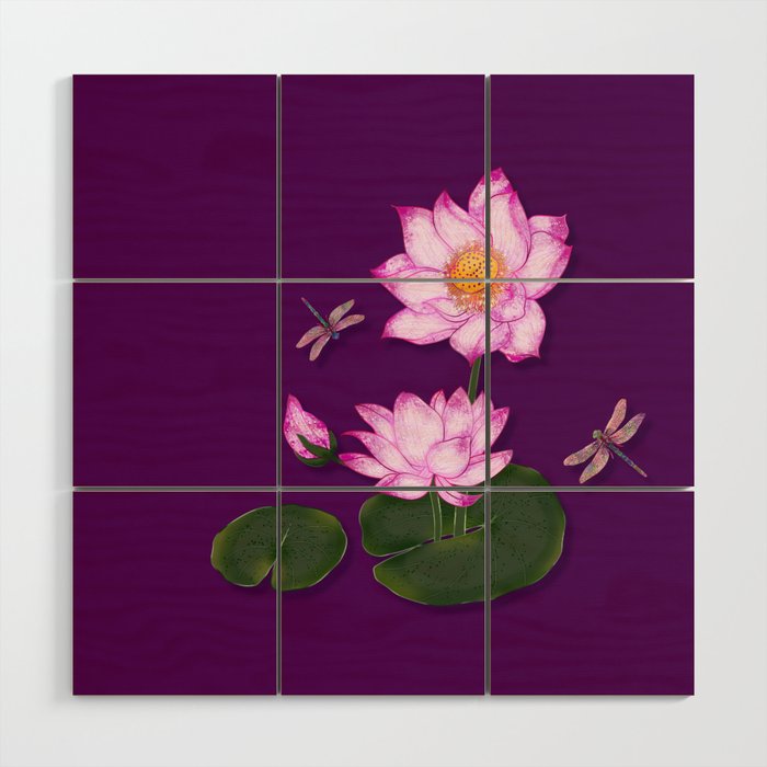 Lotus flowers with dragonflies Wood Wall Art