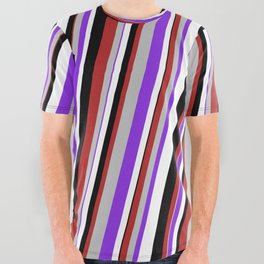 [ Thumbnail: Red, Grey, Purple, White & Black Colored Striped Pattern All Over Graphic Tee ]