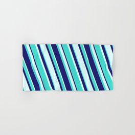 [ Thumbnail: Turquoise, Midnight Blue, and Light Cyan Colored Stripes/Lines Pattern Hand & Bath Towel ]