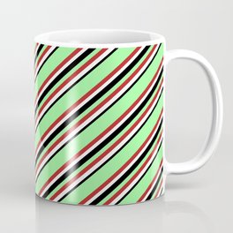 [ Thumbnail: Green, Red, White & Black Colored Lines/Stripes Pattern Coffee Mug ]