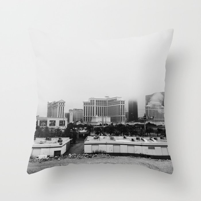 Back Side of the Bellagio // Las Vegas Strip City Landscape Cloudy Snow Day  Foggy Raw Photograph Throw Pillow by 88cityscape