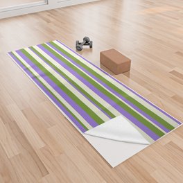 [ Thumbnail: Green, Purple, and Beige Colored Lines Pattern Yoga Towel ]
