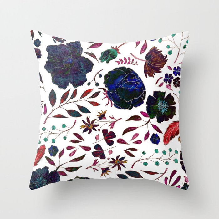 Navy blue red burgundy green abstract floral Throw Pillow