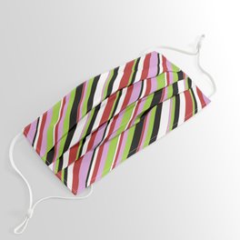 [ Thumbnail: Red, Plum, Green, Black & White Colored Lines Pattern Face Mask ]