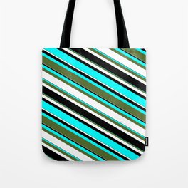 [ Thumbnail: Cyan, Dark Olive Green, White, and Black Colored Lined/Striped Pattern Tote Bag ]