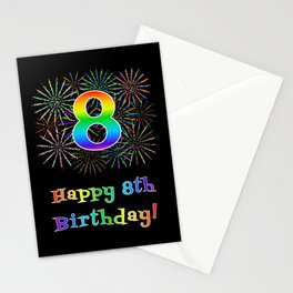 [ Thumbnail: 8th Birthday - Fun Rainbow Spectrum Gradient Pattern Text, Bursting Fireworks Inspired Background Stationery Cards ]
