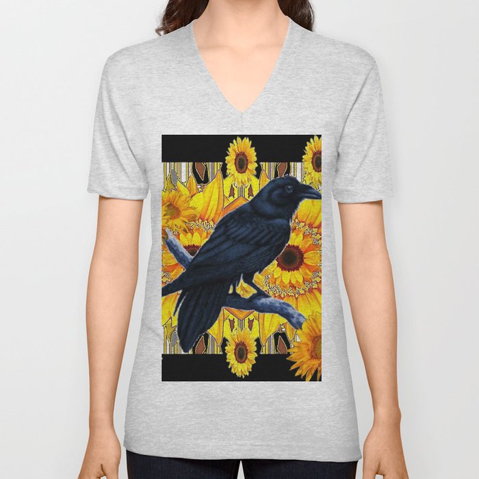 GRAPHIC BLACK CROW & YELLOW SUNFLOWERS ABSTRACT V Neck T Shirt