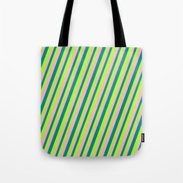 [ Thumbnail: Dark Cyan, Light Green, and Light Pink Colored Lined Pattern Tote Bag ]