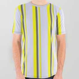 [ Thumbnail: Dim Grey, Yellow & Lavender Colored Striped Pattern All Over Graphic Tee ]