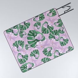 Botanical Pattern With Tropical Monstera  Leaves and Purple Flowers Picnic Blanket