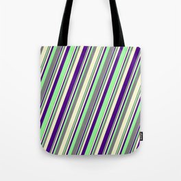 [ Thumbnail: Grey, Light Yellow, Indigo, and Green Colored Lines/Stripes Pattern Tote Bag ]