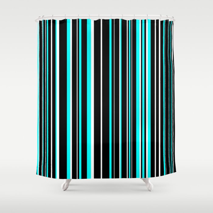Black, White, and Aqua Blue Barcode Stripe Shower Curtain