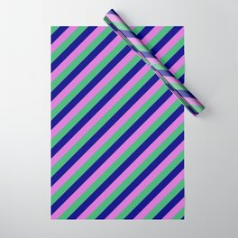 [ Thumbnail: Orchid, Sea Green & Blue Colored Pattern of Stripes Wrapping Paper ]