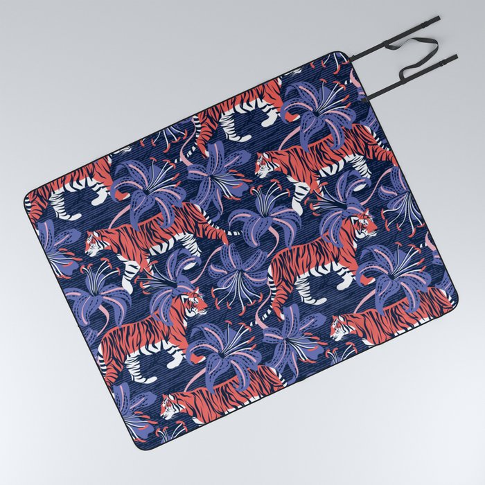 Tigers in a tiger lily garden // textured navy blue background coral wild animals very peri flowers Picnic Blanket