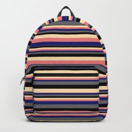 [ Thumbnail: Vibrant Beige, Light Coral, Midnight Blue, Dim Gray, and Black Colored Pattern of Stripes Backpack ]