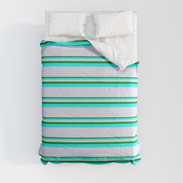 [ Thumbnail: Green, Aqua & Lavender Colored Pattern of Stripes Comforter ]