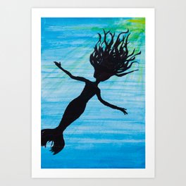 silhouette of a little mermaid under water Art Print