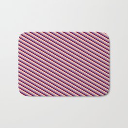 [ Thumbnail: Slate Blue, Maroon, Pink & Tan Colored Lines/Stripes Pattern Bath Mat ]