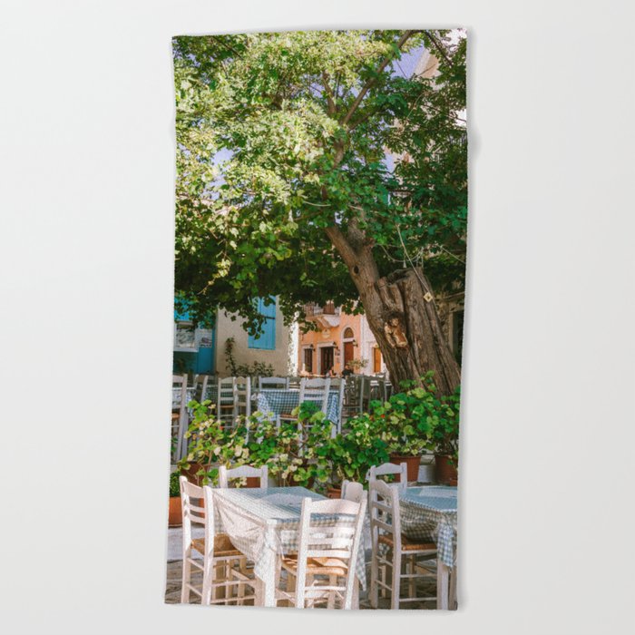 Greek Tavern under Big Tree | Idyllic Greece Scenery of Restaurant on the Island | Travel Photography in the Mediterranean island of Naxos Beach Towel