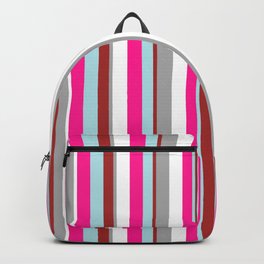 [ Thumbnail: Eye-catching White, Dark Gray, Brown, Powder Blue & Deep Pink Colored Lines/Stripes Pattern Backpack ]