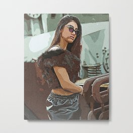 Woman In Black Fur Jacket And Black Denim Shorts Wearing Black Sunglasses Metal Print | Clothing, Painting, Fashion, Fashionmodel, Apparel, Portraits, Modelphotoshoot, Accessory, Grey, Sunglasses 