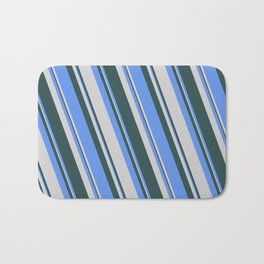 [ Thumbnail: Cornflower Blue, Light Grey & Dark Slate Gray Colored Lines/Stripes Pattern Bath Mat ]