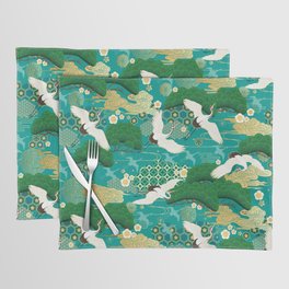 Japanese Flying Crane Aqua Mint Forest Pattern Placemat