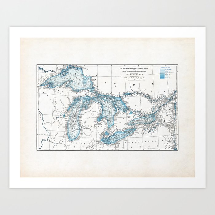 Vintage Great Lakes Map Art Print by Design Outfitters