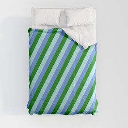 [ Thumbnail: Turquoise, Cornflower Blue, and Green Colored Lines/Stripes Pattern Comforter ]