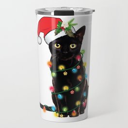 Santa Black Cat Tangled Up In Lights Christmas Santa Graphic Travel Mug