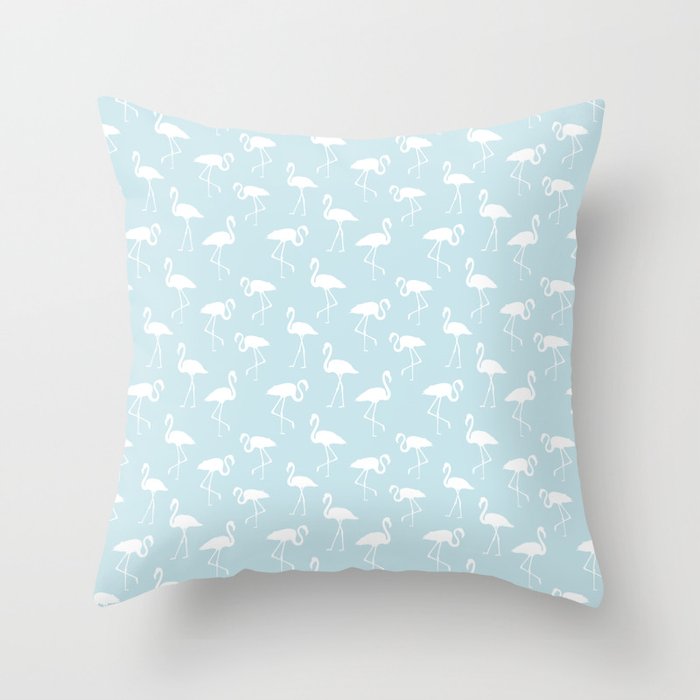 White flamingo silhouettes seamless pattern on baby blue background Throw Pillow