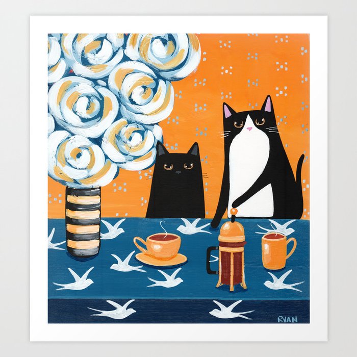 Orange and Blue French Press Cats Art Print
