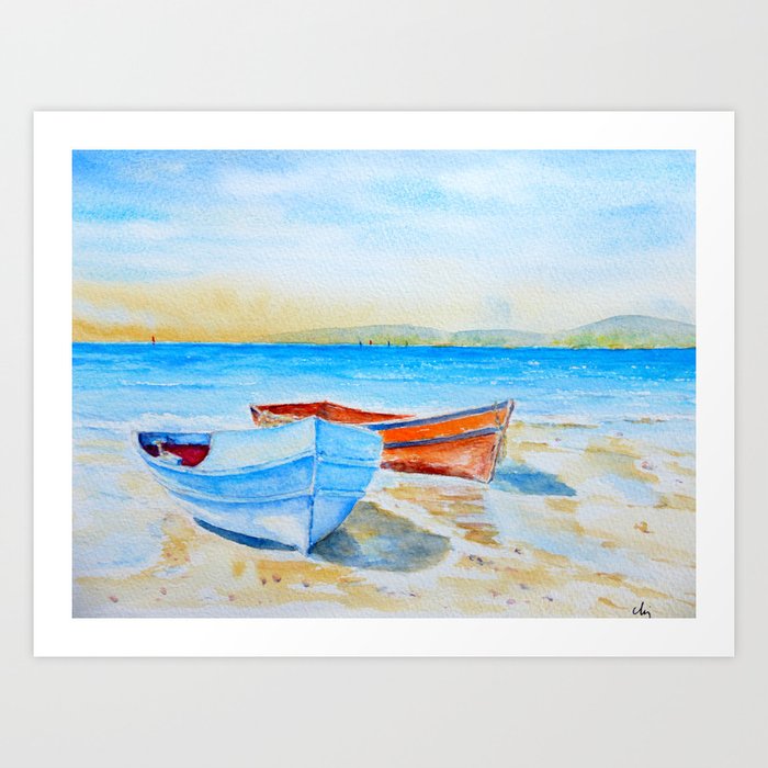 Large Framed Print Picture Art Ocean Sea Small Fishing Boat on the Beach