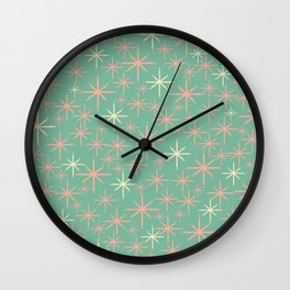 Starbursts Mid Century Modern Retro Pattern in Blush Pink, Cream, and Mint Teal Wall Clock