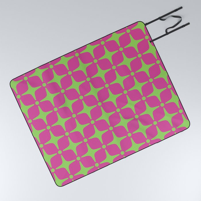 Colorful Mid Century Modern Star Pattern 949 Hot Pink and Chartreuse Green Picnic Blanket